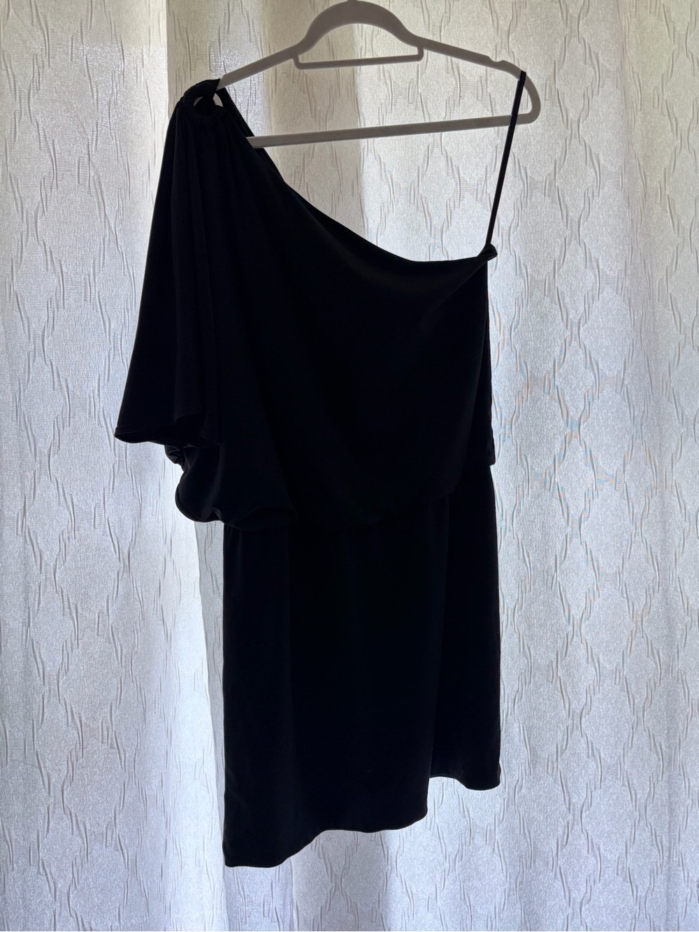 White House Black Market Black One-Shoulder Mini Dress with Draped Bodice
